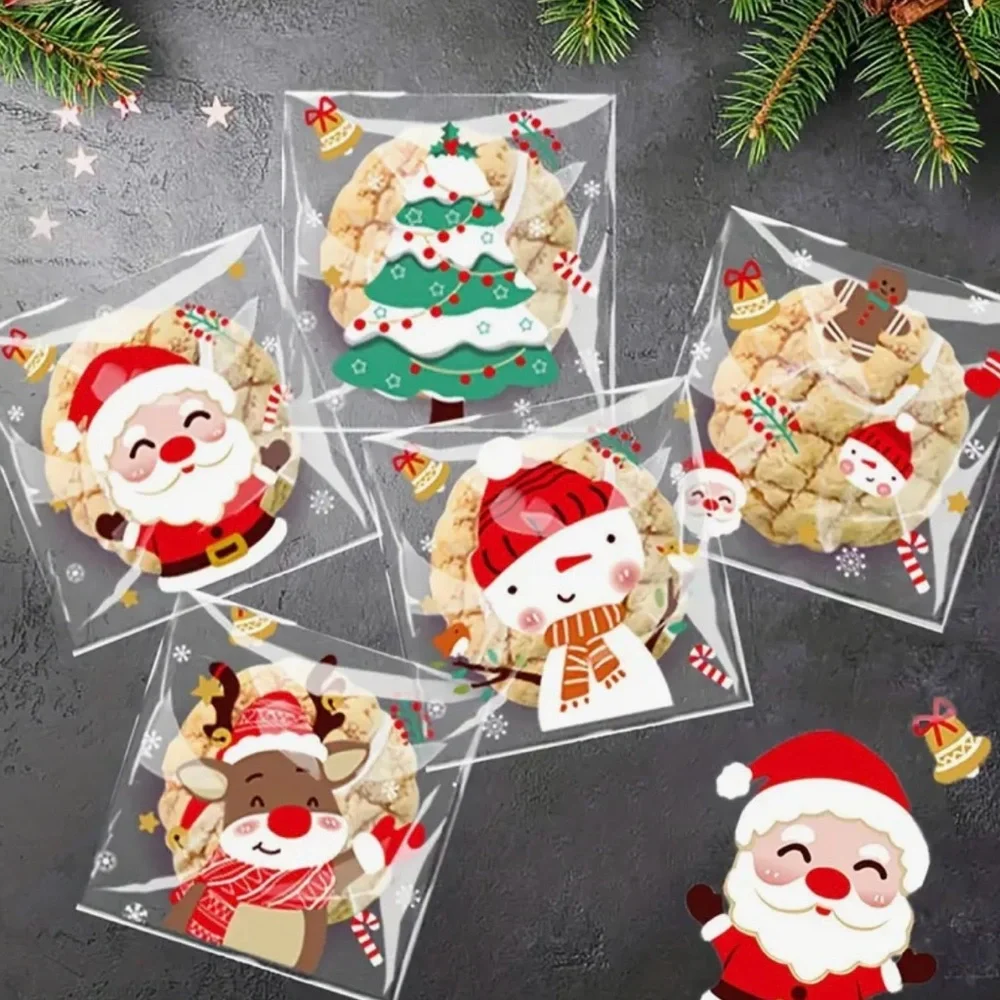 Christmas Self-Adhesive Transparent Plastic Gift Bags 25 ct w/ 5 Designs-NIP